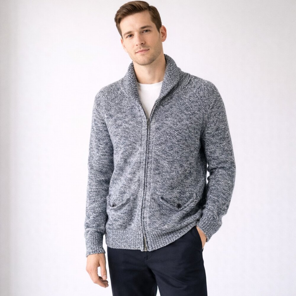 J.Crew Men’s Navy Blue White Marled Knit Zip-Up Shawl Collar Sweater Cardigan M